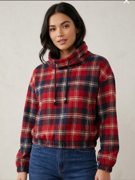 Forever 21 Tops - Forever 21 Flannel Pullover Women Red & Navy Plaid Cowl Neck Long Sleeve Sz S